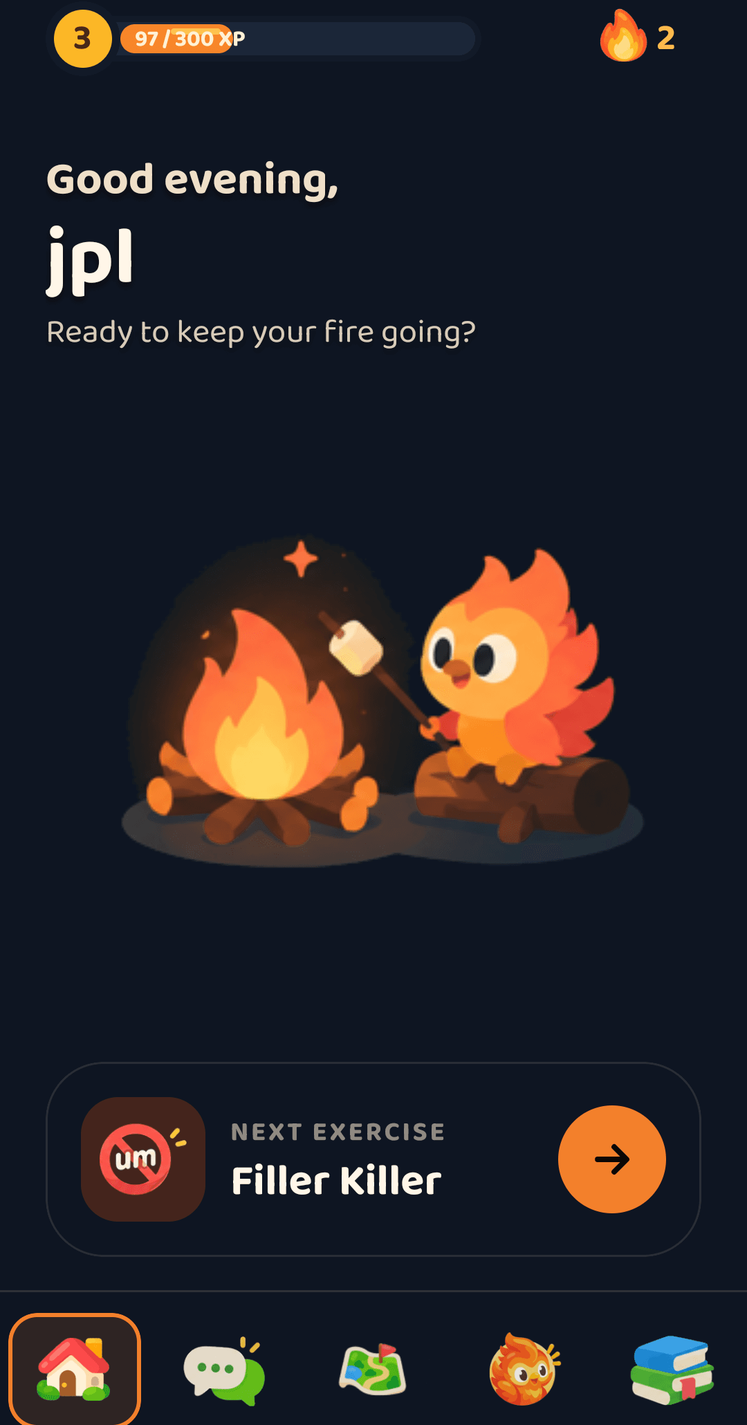 The Bonfire home screen: the phoenix by the campfire and the next exercise, Filler Killer