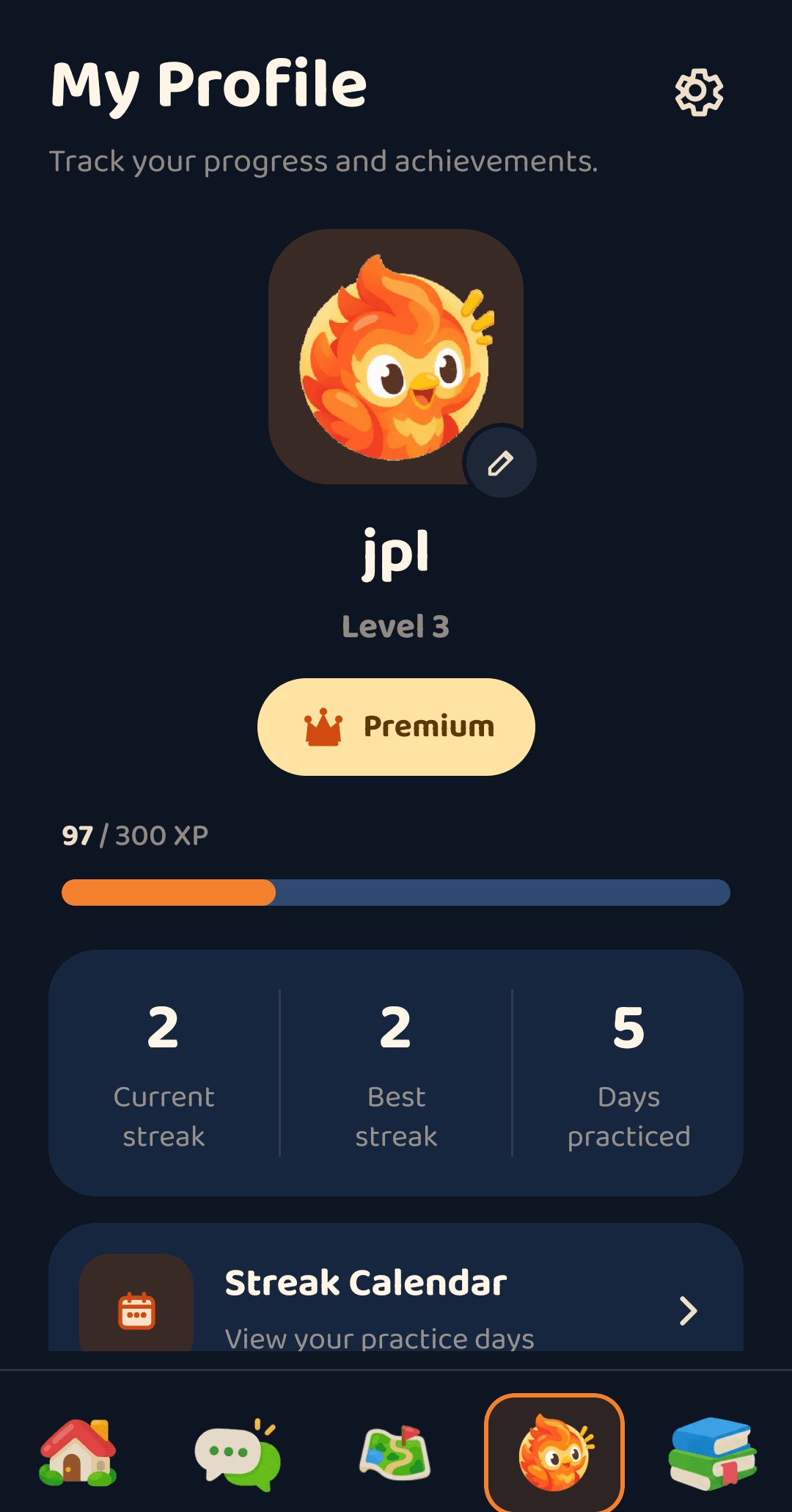 A Bonfire profile: level, XP, current and best streak, and days practiced