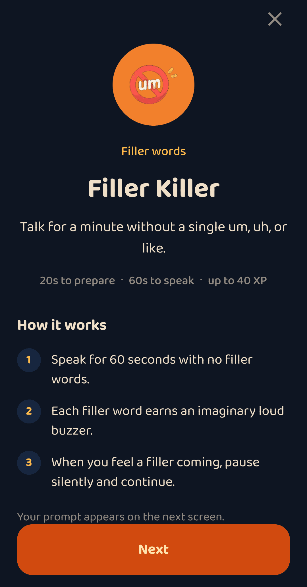The Filler Killer exercise: 20 seconds to prepare, 60 seconds to speak, and how it works
