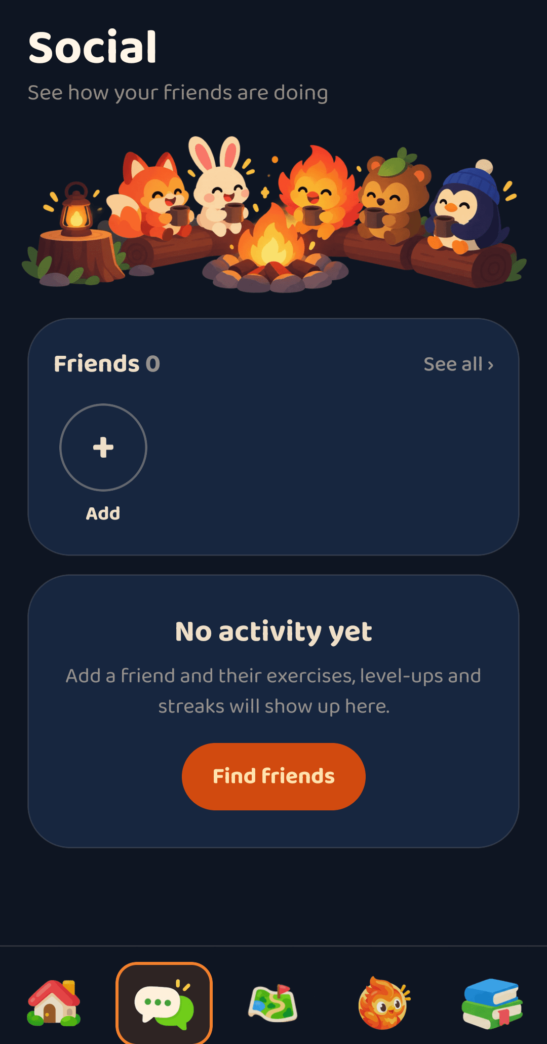 The Bonfire Social tab: friends around a campfire and their activity